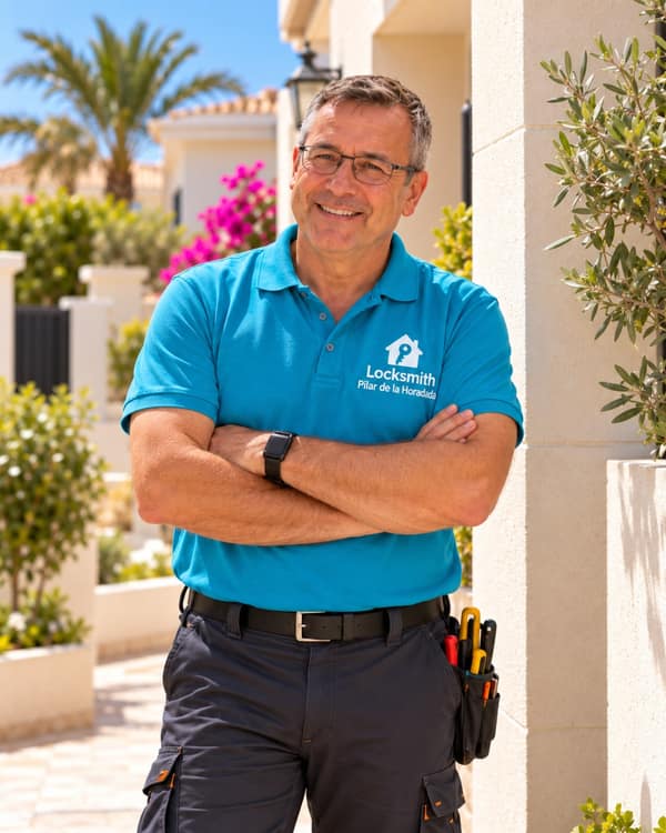 Smiling, arms crossed, a man in a turquoise polo with a logo on the chest leans beside a pale stone gatepost in a garden full of shrubs