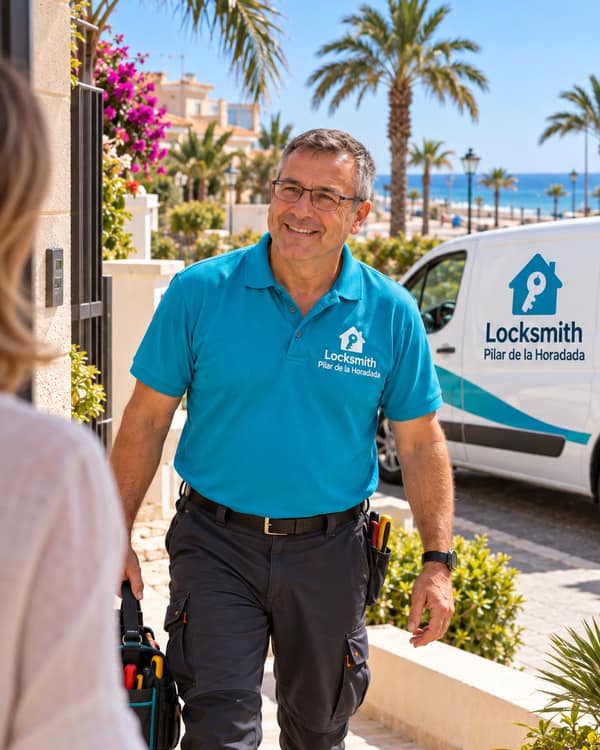 A smiling man in a turquoise polo walks up a pale stone path with a tool bag towards a woman at an iron gate, palm trees and a blue sea at the end of the street